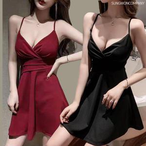 이너퀸 프리수 여성용 브이넥 랩 스타일 미니 끈 A라인 플레어 슬림 원피스 나시 슬립 6038Y슬립