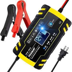 FOXSUR 자동차 배터리 충전기, 12V/24V 8Amp 지능형 자동 충전기/유지보수, LCD 화면과 6단계 충전 모드 제공, 다양한 유형의 배터리에 적합