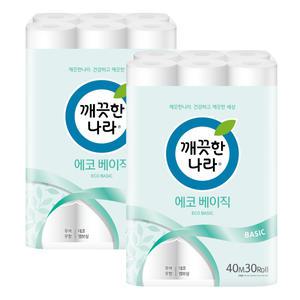 깨끗한나라 에코 베이직 40m 2겹 30롤 2팩 데코 엠보싱 휴지