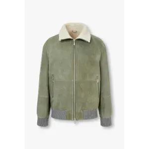 BRUNELLO CUCINELLI 남성 누벅 시어링 봄버 자켓 - 카키