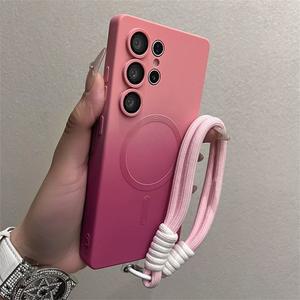 삼성 S25 S24 S23 울트라 갤럭시 S21 S22 플러스 케이스 색상 손목 스트랩 액체 커버에 자기 Magsafe 실리콘 그라디언트 대한 소프트