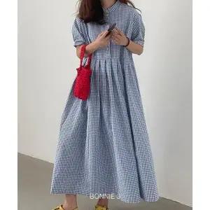 체크 데이트룩 반팔 롱원피스 A라인 퍼프 반소매 블루