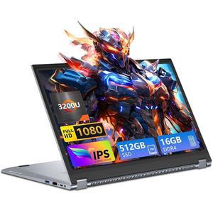 15.6인치 2인치 1대 노트북, 터치스크린 컴퓨터 라이젠 R3-3200U, 게이밍 노트북 16GB RAM 512GB SSD, 랩탑 1920X1080 FHD IPS, 백라이트 키보