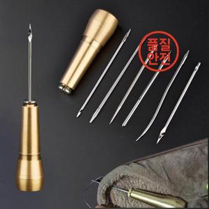 가죽 재봉 키트 DIY 송곳 바늘 구리 손잡이 세트 캔버스 신발 도구 나일론 실