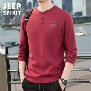 JEEP SPIRIT 가을 겨울 긴팔 티셔츠 캐주얼 남성용 헨리넥 솔리드 티셔츠