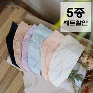 [초끈][5종세트]퓨어코튼60수면허리쏙레이스팬티