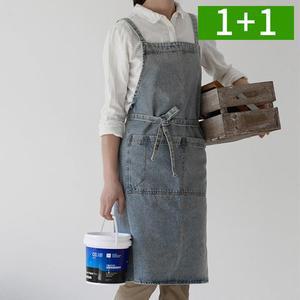 [OMT]1+1 주방 방수 앞치마 데님 원피스형 카페 어린이집 청앞치마
