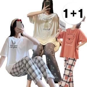 [2개세트] 베어 프린팅 반팔 바지 잠옷 상하세트 파자마 홈웨어(3color)