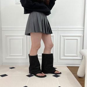 여성 2컬러 일자핏 주름 워머 쪼리 토오픈 미들부츠 여자미들부츠