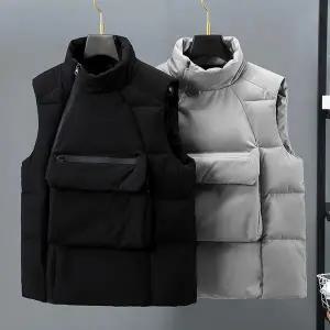 경량 패딩 남자 남성 다운 조끼 스탠드 칼라 민 사선 지퍼 클로저 코트 앞 주머니가 있는 면 가을 자켓 재