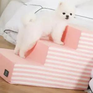 강아지 계단 3단 스트라이프 핑크 고탄성 침대 스텝 애완동물 사다리