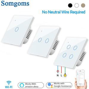 Tuya WiFi 스마트 터치 벽 스위치 220V 중립 와이어 없음 1 2 3 4 갱 LED 조명 스위치 스마트 홈 Alexa Goo