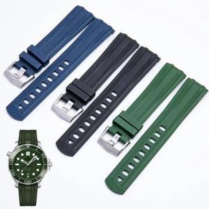 오메가 Seamaster 300 다이빙 스테인레스 스틸 버클 남성용 교체 시계 밴드 20mm 용 고무 그린 블루 블랙