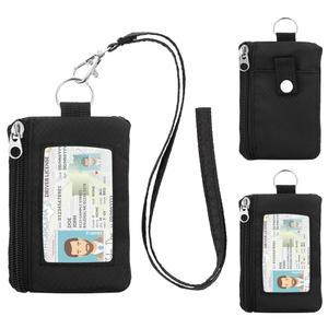 ZHOMA 미니멀리스트 RFID 지갑(랜야드 포함), 지퍼 포켓 2개와 남녀용 키 체인이 있는 다기능 ID 케이스, 전술 배지 파우치 카드 홀더, 여행용 코인 지갑-블랙