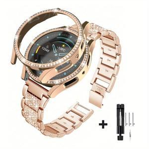 갤럭시 워치 7 FE 6 5 4 (44mm/40mm)용 라인스톤 시계 스트랩+PC 케이스 강화유리 보호 커버 메탈 밴드