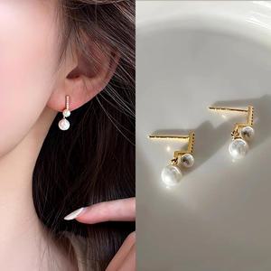 푸얼 심플 진주 스터드 드롭 귀걸이 (925 silver)