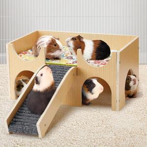 튼튼한 나무 기니피그 성 계단이 있는 다층 은신처 집 햄스터/토끼/친칠라를 위한 쉬운 조립 서식지