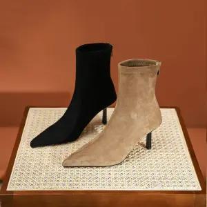 가을 겨울 고급 스웨이드 앵클 부츠 스틸레토 여자 하이힐 구두 굽 7.5cm 225-250mm