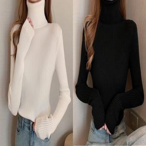 여성 기본 무지 목폴라 레이어드 슬림 핏 골지 긴팔티