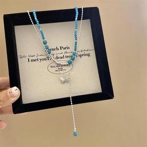 여성 터키석 비즈 나비 이중 레이어드 목걸이