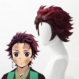 Kimetsu no Yaiba Tanjiro Kamado 코스프레 가발 짧은 밤나무 갈색 내열성 헤어