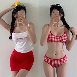 [수앤수]레드체크 나시 스커트 비키니 4피스 세트 (25SW047)