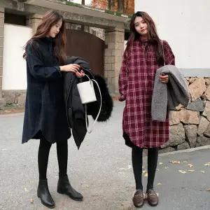 Ardez 가을 겨울 빅사이즈 여성 롱 셔츠 원피스 중장기장 체크 긴팔 루즈핏