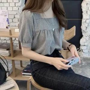 여자 스퀘어넥 프론트 셔링디테일 반팔 여름 블라우스