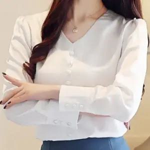 여성 블라우스 화이트 브이넥 여자 캐주얼 셔츠