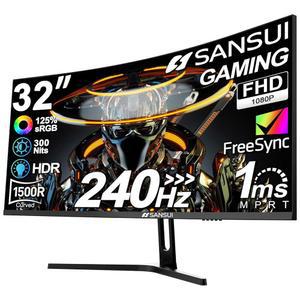 SANSUI 32인치 커브드 240Hz 게이밍 모니터 고 주사율, FHD 1080P PC HDMI DP1.4, 1500R, 1Ms MPRT, HDR, 메탈 스탠드, VESA 호환(ES-G32C3F DP 케이블 포함)