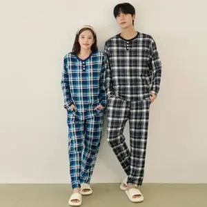 벌스 투피스 잠옷 피치기모 남녀공용 체크 수면잠옷 커플 파자마 긴팔 투피스 3colors