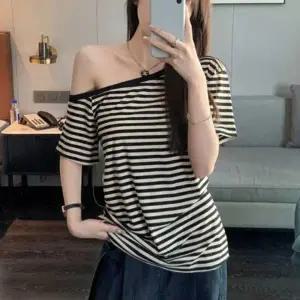 스트라이프 여자 오프숄더 언발 반팔티 블랙 1P 여름