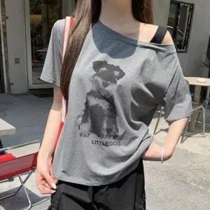 강아지 여자 프린팅 오프숄더 반팔티 그레이 1P 언발