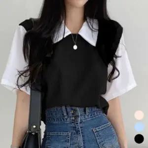 여성 페이크 니트 셔츠 반팔 티셔츠 URK 310