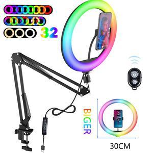 RGB 컬러 소프트 링 라이트 원형 램프 책상 포함 긴 팔 태블릿 삼각대 휴대폰 거치대 스탠드 사진 조명 셀