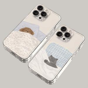 개 고양이 커플 전화 케이스 iPhone 16E 16 15 11 12 14 13 Pro Max Mini XS XR 7 8 Plus SE2 귀여운 동물 충격 방지 커버