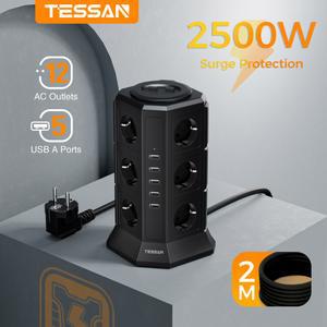 수직 타워 전원 스트립 멀티 탭 AC 콘센트 USB 포트 유럽 플러그 전기 소켓 2M 연장 케이블