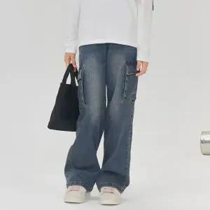[오션스카이] 공용 블루 카고 와이드 데님 팬츠-EEJG2351B0N
