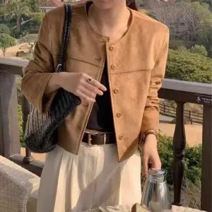 크레마 스웨이드 자켓 노카라 긴팔 아우터