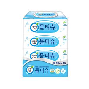 깨끗한나라 물티슈 60매x4개입 1팩 휴지 캡형 휴대용