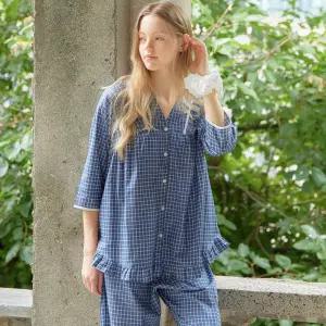 메이플라워 페인체크 V넥 7부 순면 여성 빅사이즈 잠옷 세트