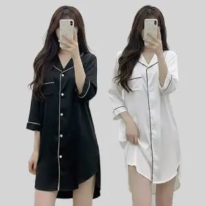 7부 소매 여성 실크 배색 셔츠 심플 홈웨어 파자마 잠옷 원피스