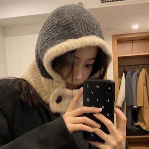 배색랩 단추 니트 바라클라바 넥워머 후드 모자