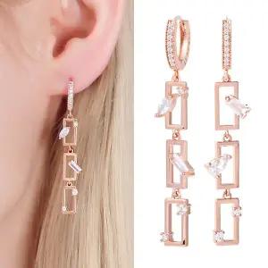 14K 금침 이어링 레이첸 큐빅 롱 드롭 원터치 링 귀걸이