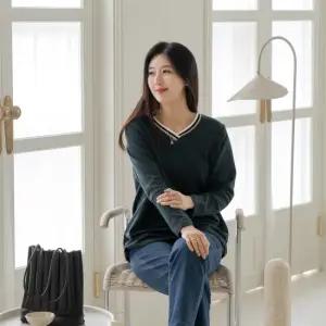 엄마옷 마담4060 티셔츠오브리V넥배색-ZTE2402072-