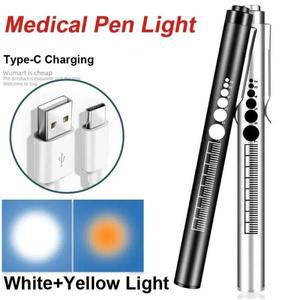 USB 충전식 LED 펜 손전등, 휴대용 흰색 + 노란색 의료용 펜라이트, 소형 토치, 비상 랜턴