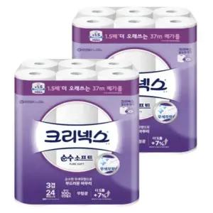 크리넥스 순수소프트 천연펄프 3겹 고급롤화장지 37M 24개입 2개
