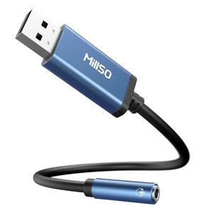 헤드폰, 스피커, PS4, PS5, PC, 노트북, 데스크탑용 MillSO USB3.5mm 오디오 잭 어댑터, 사파이어 블루 TRRS USBAUX 외장 스테레오 사운드 카드 - 1피트