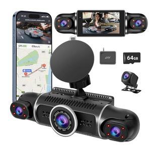 360 대시 캠 전면 및 후면 뷰 4채널 카메라 FHD 2K+1080Px3 차량용, 인사이드/백 170 +2x150 +170 광각, 8개의 IR 램프 야간 투시, WiFi, GPS, APP, G-센서 64GB 카드, 24/7 주차 모드