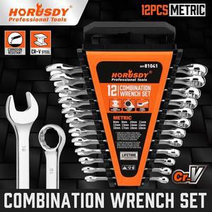 HORUSDY 메트릭 스패너 세트 링 오픈 엔드 CRV 랙 8-19mm 12 개